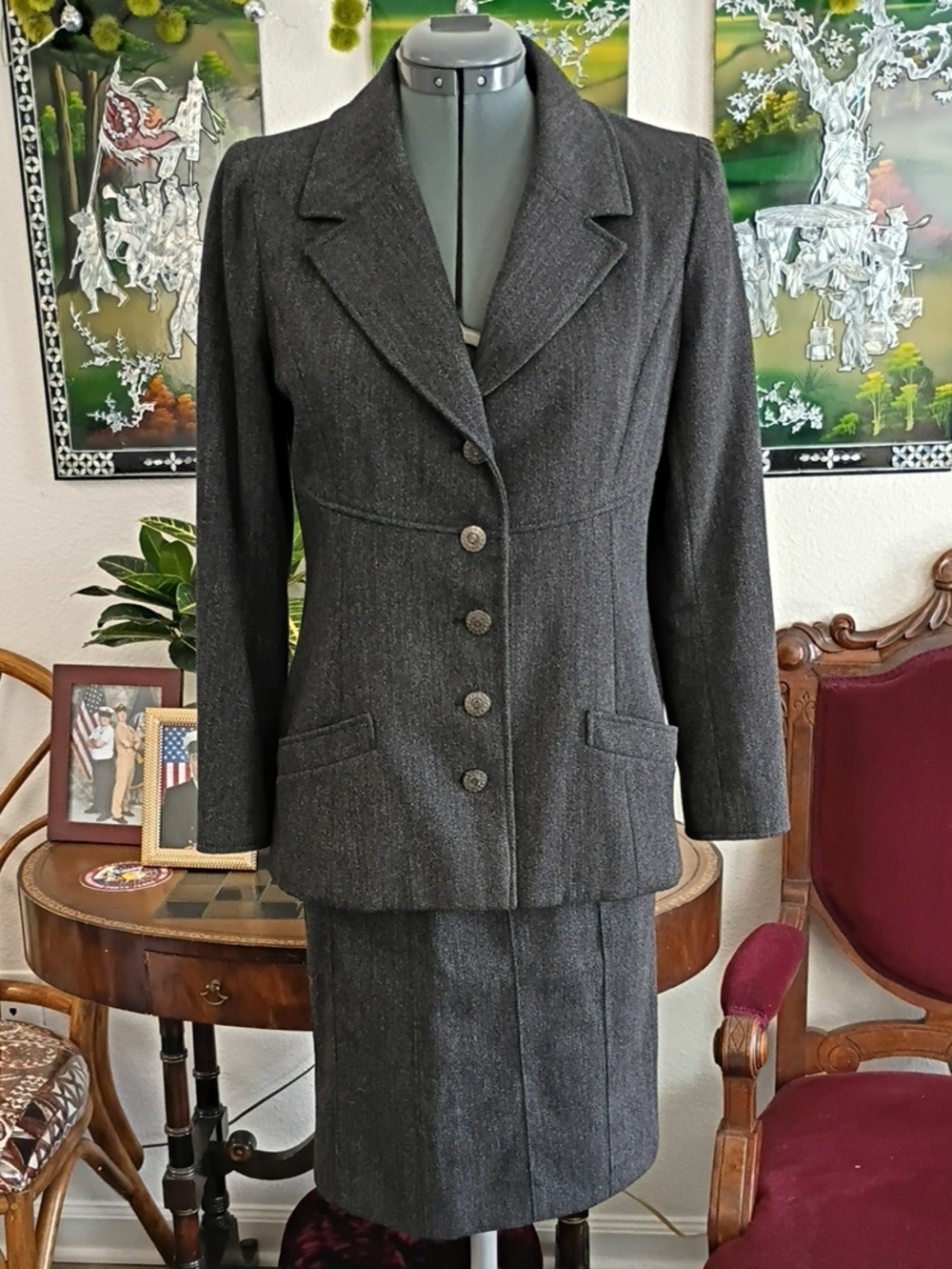 CHANEL Charcoal Gray Wool Two-Piece Skirt Set